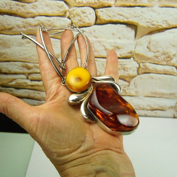 Super Giant Heavy Amber & 925 Silver Link Necklace - Rare Jewelry Gift For Her - Picture 11 of 16